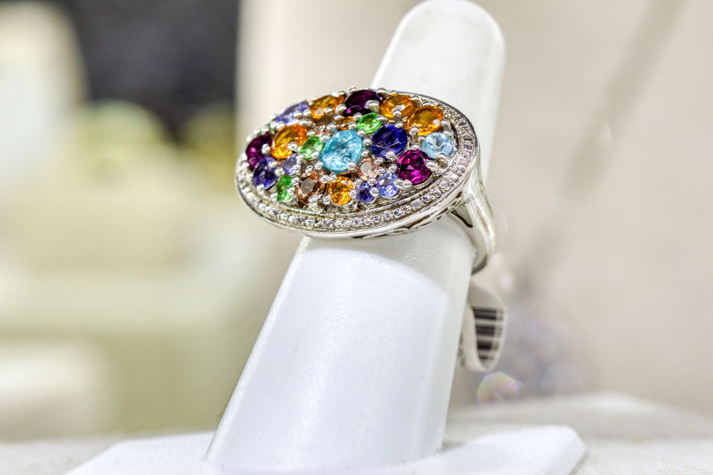 colorful diamond ring on display